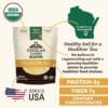 The packaging of the Yellow Corn Meal from Doudlah Farms Organics prominently features its USDA Organic certification and "Grown in the USA" label. It also highlights the product's protein and fiber content while emphasizing that it is cultivated in Evansville, Wisconsin, known for its healthy soil.