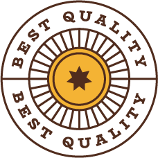 A circular badge design features the words Best Quality repeated along the outer edge. At its core, a star sits within a yellow circle, encircled by a radial pattern. The brown and yellow color scheme evokes the earthy tones of an organic farm.