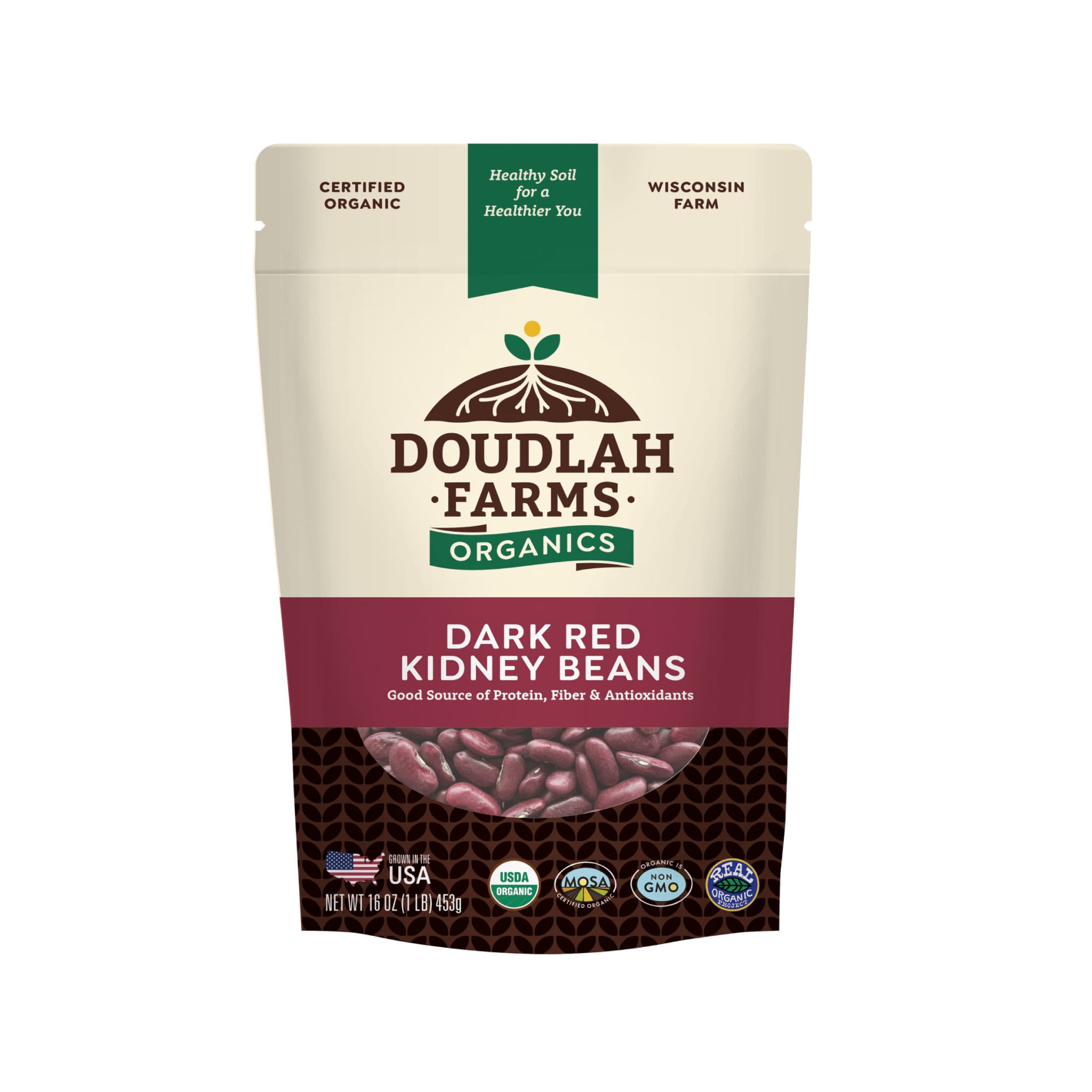 Doudlah Farms Organics Dark Red Kidney Beans packaging highlights Certified Organic, Wisconsin Farm, and Healthy Soil for a Healthier You. It bears USDA, Kosher, and Gluten-Free certifications. Net weight: 1 lb (16 oz).