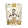 A beige bag of Doudlah Farms Organics white popcorn. The packaging, adorned with popcorn kernels and popped corn accents, highlights its 3LB size. Labels confirm it's certified organic, plant-based, and from Wisconsin. USDA Organic and MOSA Certified logos are prominently visible.