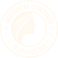 Circular logo with the text Women Owned Business surrounding a silhouette of a woman's profile. Stars are placed around the text, conveying official recognition. The monochrome design evokes an organic farm aesthetic, emphasizing natural and genuine business qualities.