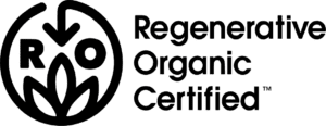 Logo of Regenerative Organic Certified, showcasing stylized plant symbols and the letters ROC within a circular emblem. The design goes beyond organic standards, with "Regenerative Organic Certified" text on the right.