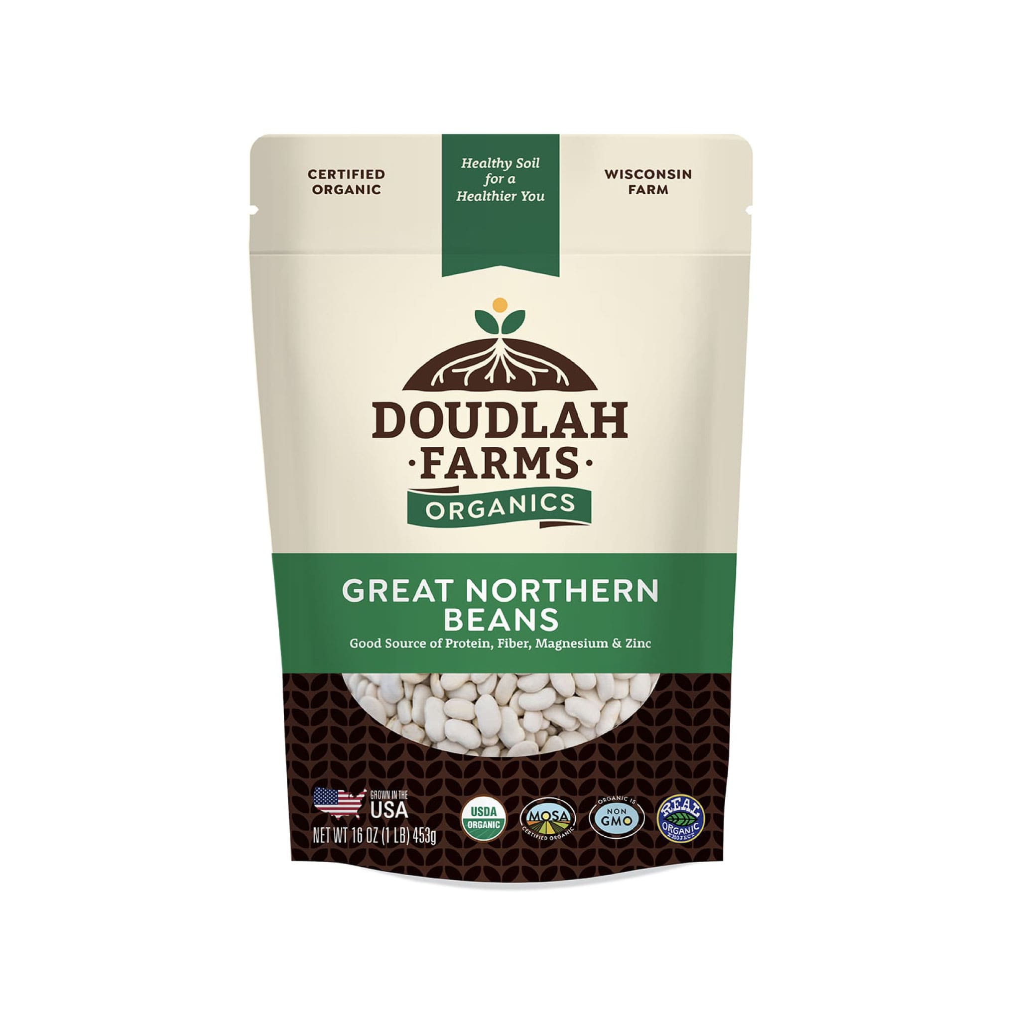 A 16 oz package of Doudlah Farms Organics Great Northern Beans from a Wisconsin farm is certified organic, non-GMO, and noted for being a protein source rich in fiber, magnesium, and zinc.