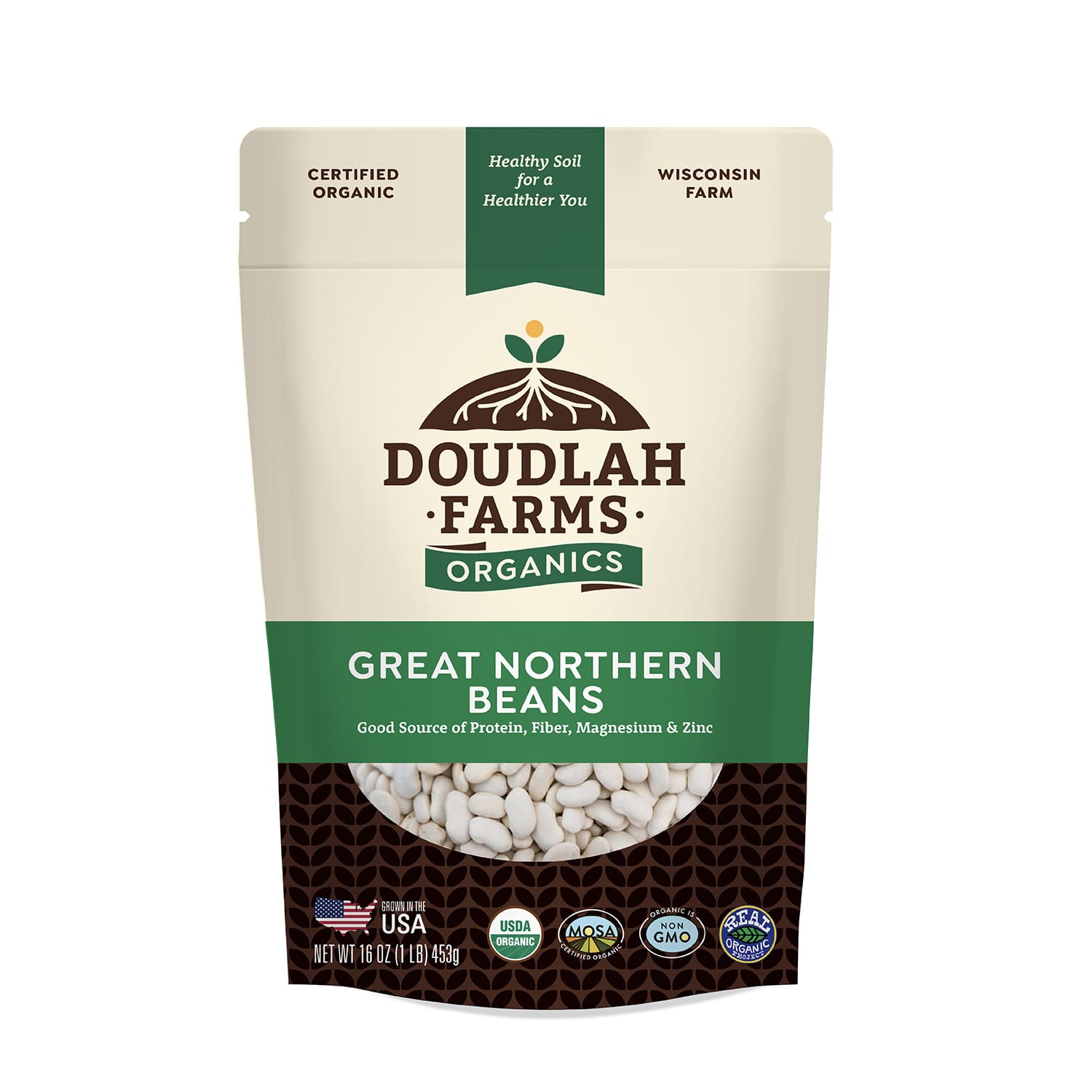 A 1LB package of Doudlah Farms Organics Great Northern Beans showcases premium, certified organic beans sourced from a Wisconsin farm. Highlighting nutrients like protein, fiber, magnesium, and zinc, it proudly carries USDA Organic and non-GMO labels. Net weight: 16 oz (454 g).