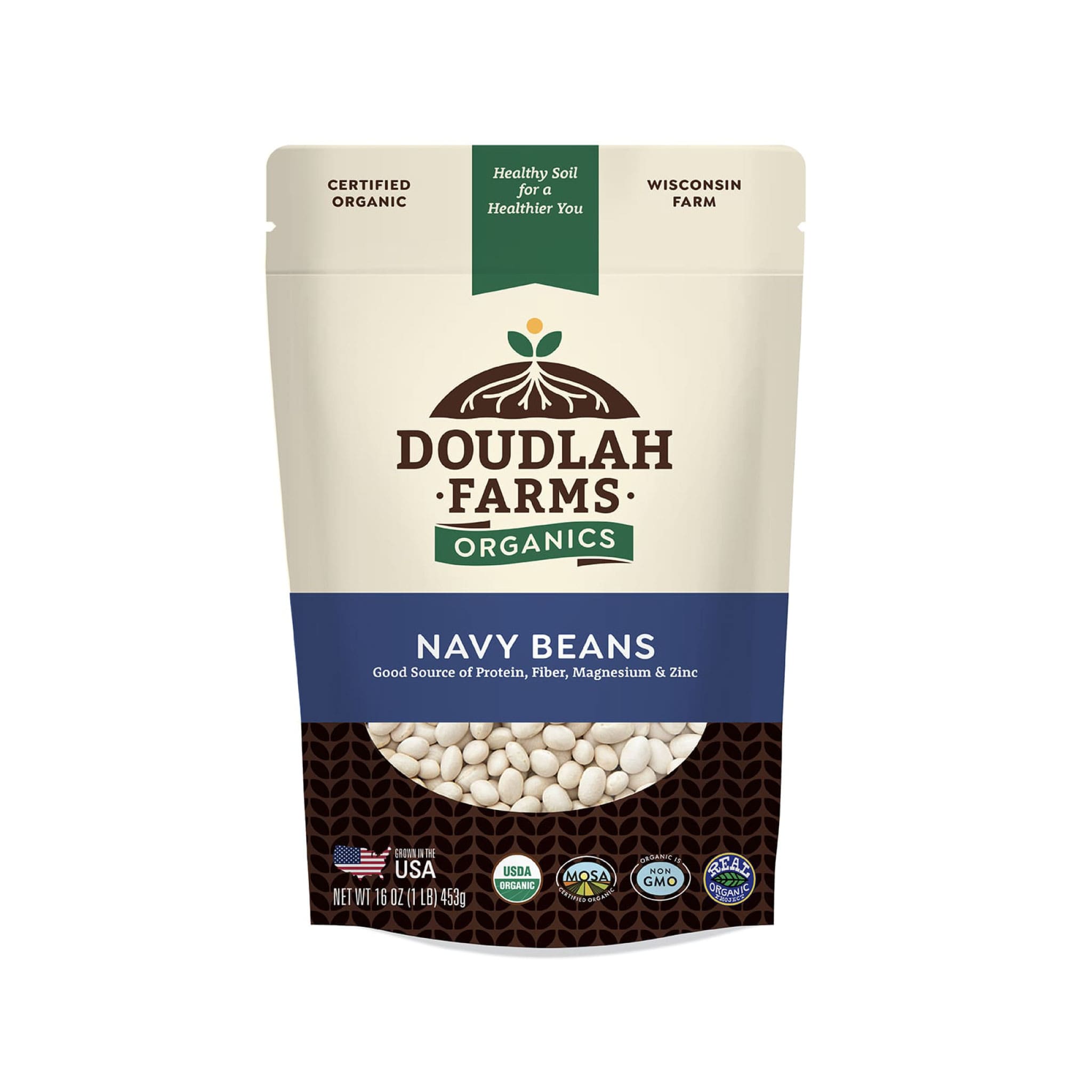 The Doudlah Farms Organics Navy Beans bag, featuring certified organic labels, promotes benefits like protein, fiber, magnesium, and zinc content. It has a cream and brown design with a clear section displaying the white beans.