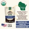 The image features a 1LB package of Doudlah Farms Organics Navy Beans, prominently displaying labels like USDA organic certification and Grown in the USA, with origins in Evansville, Wisconsin. Nutritional highlights include 11g protein, 12g fiber, and 1mg magnesium.