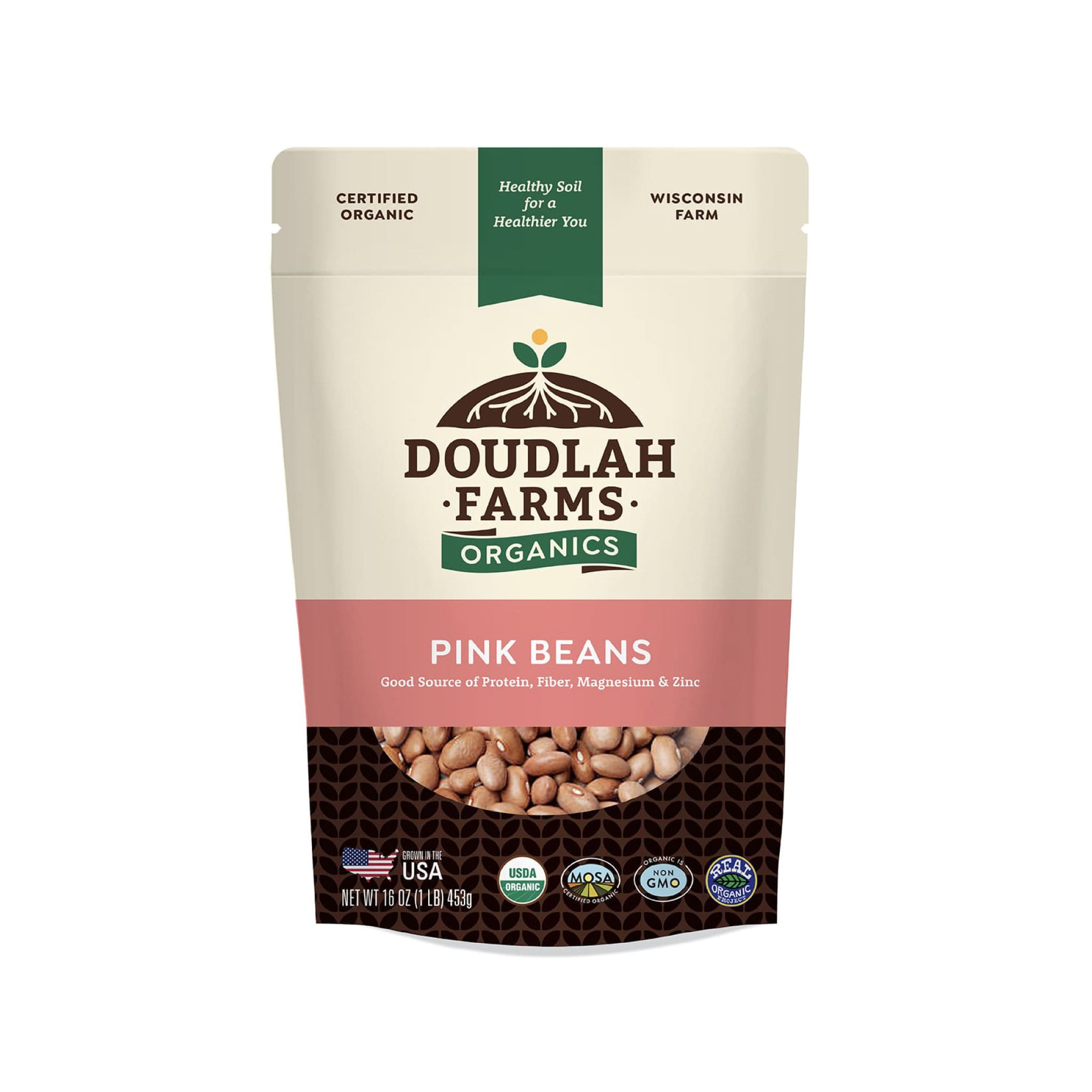 A 16 oz (453 g) bag of Doudlah Farms Organics Pink Beans from Wisconsin, certified organic with the USDA seal, is a good source of protein, fiber, magnesium, and zinc.