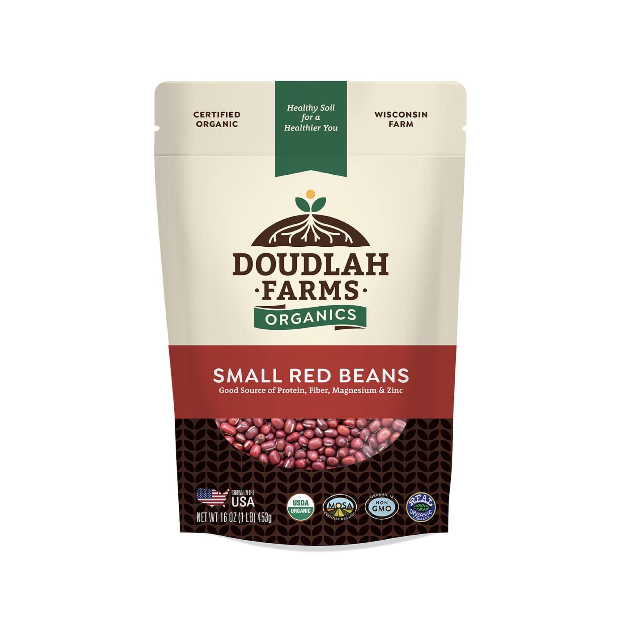 Doudlah Farms Organic Small Red Beans, 16 oz (454g), are certified organic from a Wisconsin farm, non-GMO, kosher, and rich in protein, fiber, magnesium, and zinc.