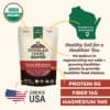 The packaging for Doudlah Farms' Small Red Beans prominently displays the USDA organic certification. Key nutritional information includes 8g of protein, 16g of fiber, and 1mg of magnesium. Additionally, a map highlights their origin in Evansville, Wisconsin, USA. Slogan: Healthy Soil for a Healthier You.