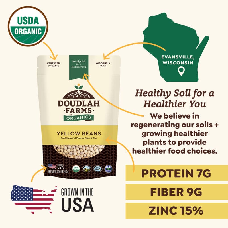 Packaging for Doudlah Farms Organic Yellow Canary Beans. Includes USDA Organic logo, points to Evansville, Wisconsin, and messages about soil health. Nutritional info: 7g protein, 9g fiber, 15% zinc. Grown in the USA visual. Net weight: 1LB.