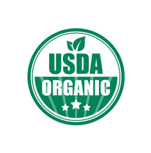 The image displays the green USDA Organic seal, a symbol of compliance with the organic standard. It features USDA ORGANIC with a leaf above and three stars below, all set within a circular design on a white background with green accents.