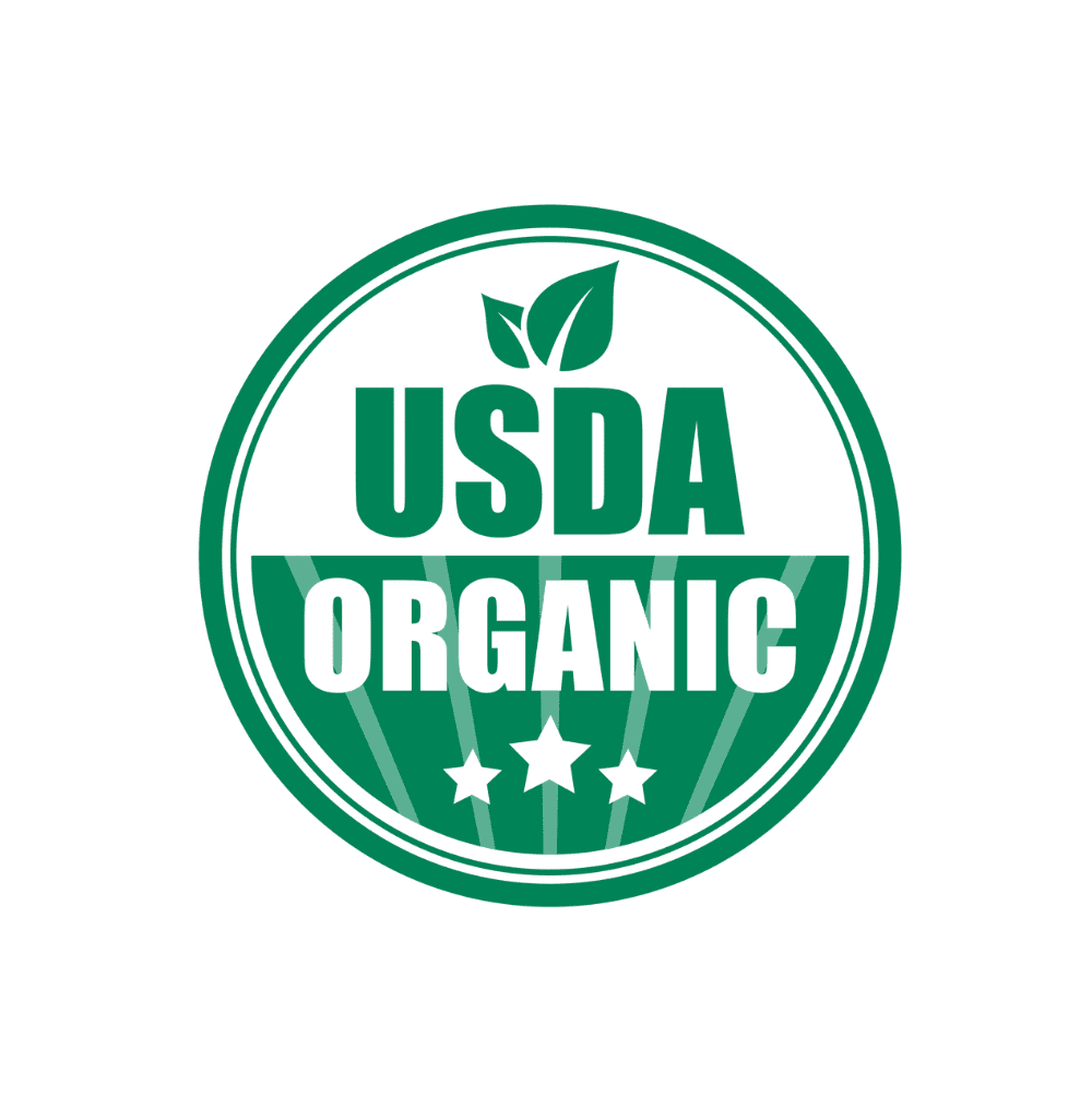 The image displays the green USDA Organic seal, a symbol of compliance with the organic standard. It features USDA ORGANIC with a leaf above and three stars below, all set within a circular design on a white background with green accents.