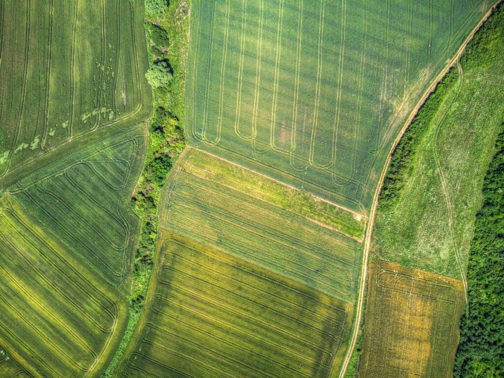 Aerial view of regenerative farmland with lush greenery and diverse crops, illustrating the role of sustainable agriculture in climate change mitigation.