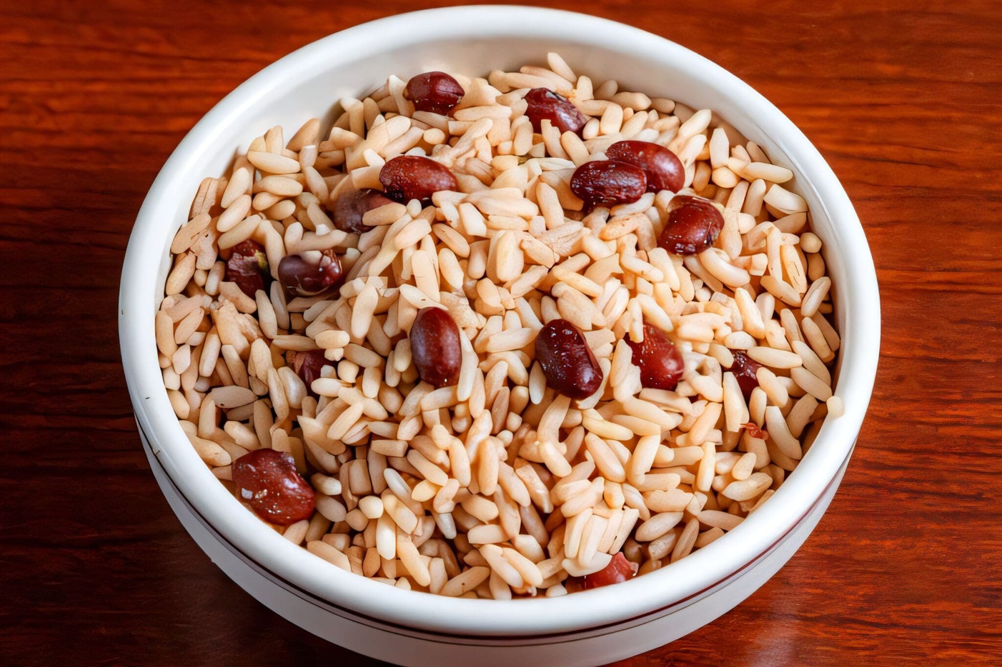 A white bowl filled with arroz con gandules (rice with Doudlah Farms organic pigeon peas) rests on a wooden table. The rice is light brown, and the peas are dispersed throughout, adding vibrant color to the dish.