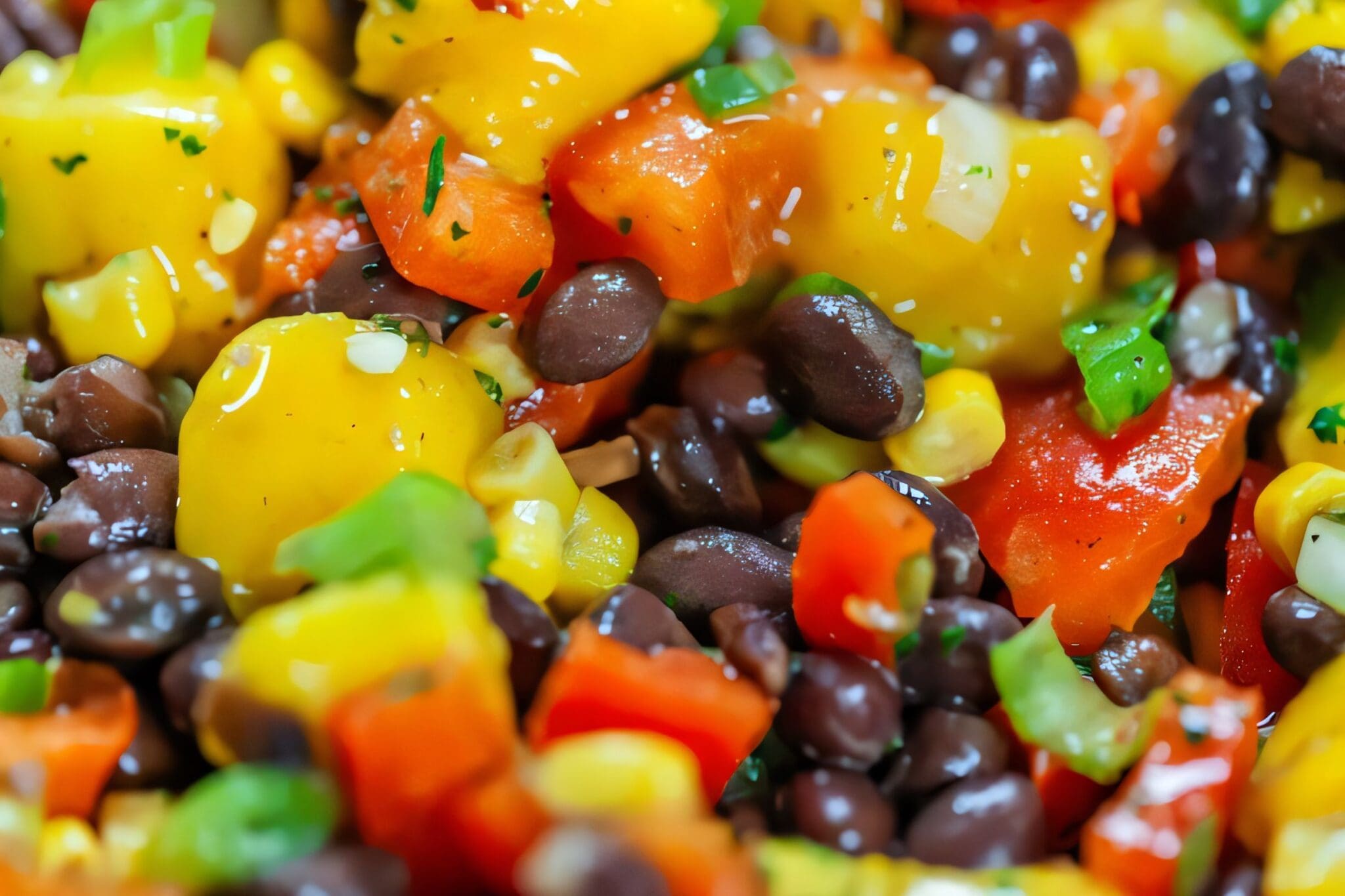 Colorful black bean and mango salad with Doudlah Farms' organic black beans, diced mango, red bell pepper, and fresh cilantro in a vibrant, healthy dish.