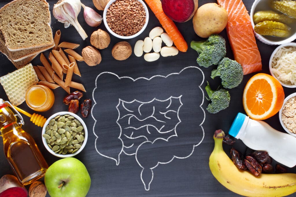 A chalk drawing of the human intestines is surrounded by fiber-rich foods promoting gut health: bread, nuts, seeds, pasta, honey, olive oil, fruits, vegetables, salmon, dairy—and even a bowl of high-fiber popcorn—all on a dark surface.