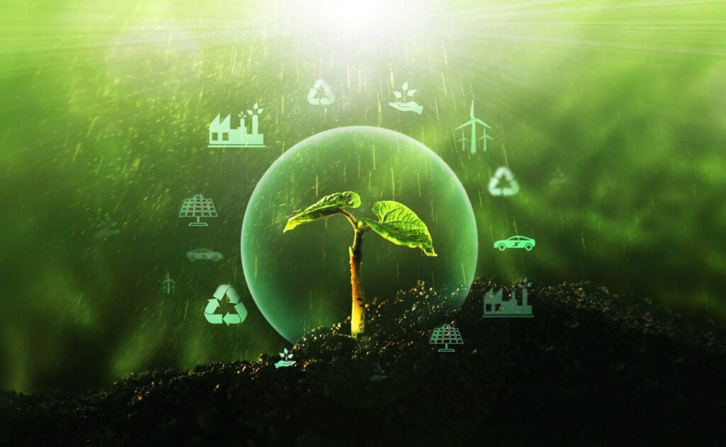 Young plant sprouting from rich soil inside a protective green bubble, symbolizing carbon farming, regenerative agriculture, and sustainable farming practices to combat climate change.