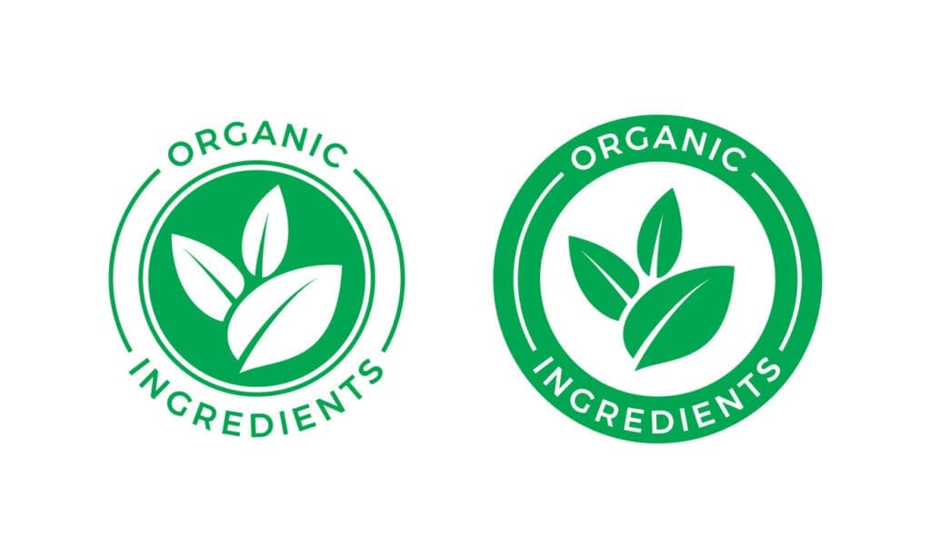 Two green circular labels display the text ORGANIC INGREDIENTS alongside leaf designs in the center, symbolizing natural and eco-friendly products.