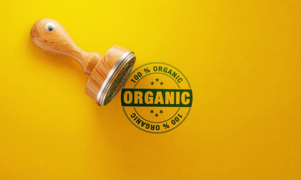 A wooden stamp with a handle rests on a yellow surface, leaving a green imprint that reads 100% Organic with stars inside the circle. Its perfect for labeling products as natural and authentic.