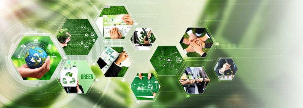 A collage of hexagonal images showcasing eco-friendly themes: hands holding a globe, plant sprouts, Doudlah Farms organic farming, a save the planet sign, teamwork, recycling symbols, and green technology—all set against a green background with digital and nature motifs.
