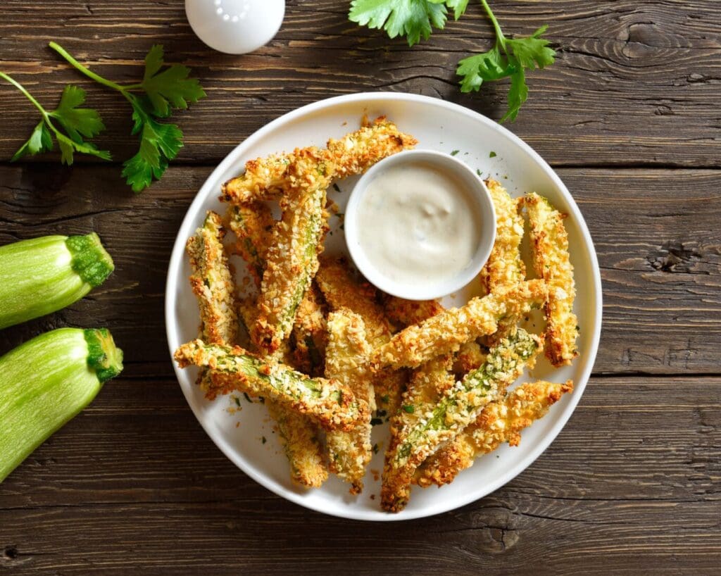 A plate of cornmeal-crusted zucchini fries with a small bowl of dipping sauce, garnished with herbs, sits on a rustic wooden table next to fresh zucchinis and parsley—an irresistible twist on classic zucchini recipes.