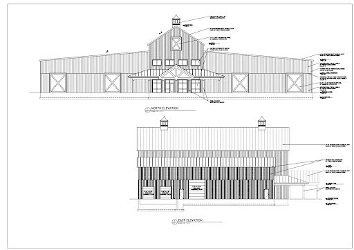 Architectural line drawing showing north and east elevations of a barn-style building with central cupolas, large barn doors, a covered entry, and detailed annotations for exterior features and construction elements.