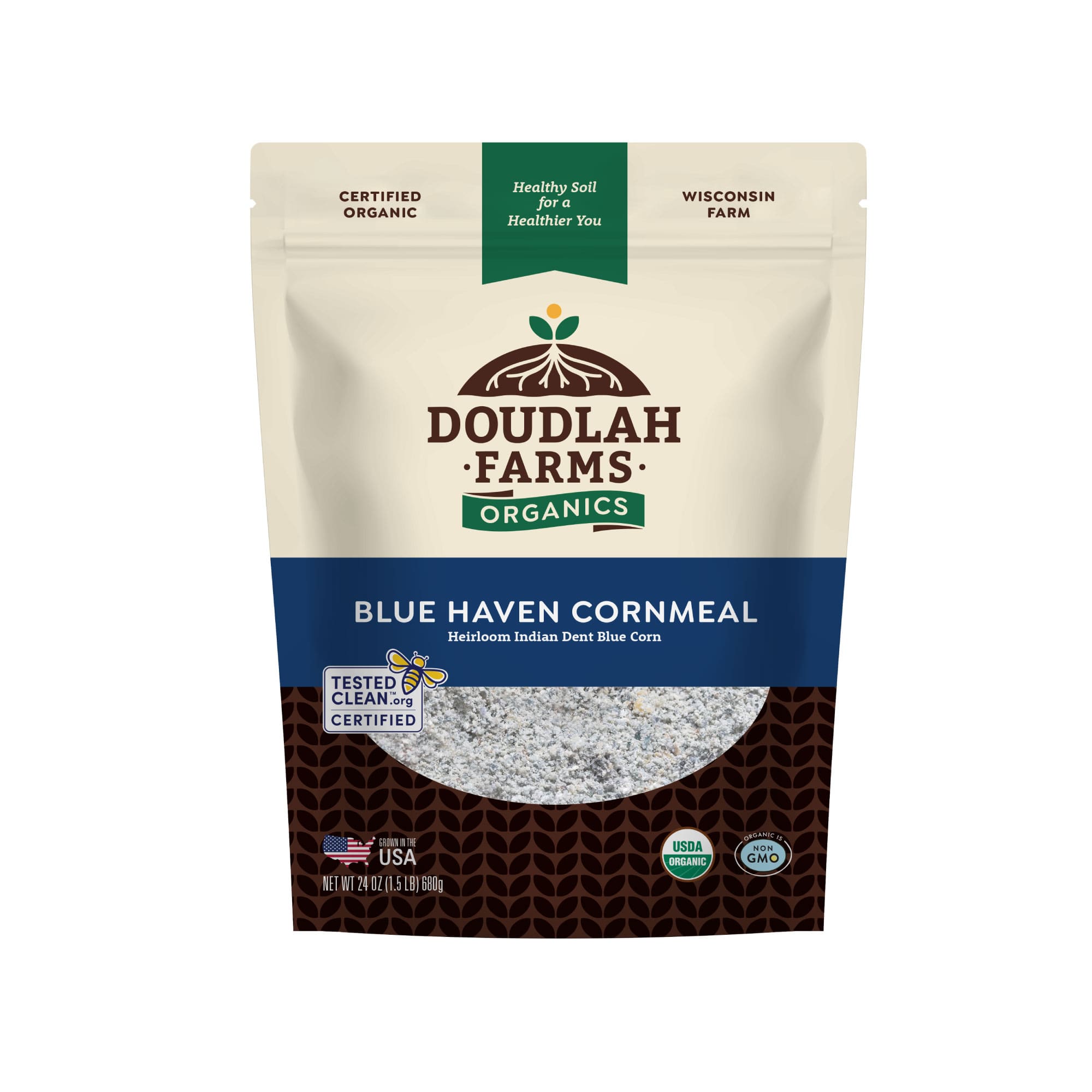 A stand-up pouch of Doudlah Farms Organics Blue Haven Cornmeal, with blue cornmeal visible through a window, certifications, and labels showing it is organic, non-GMO, made on a Wisconsin farm—perfect alongside their Spelt Flour collection.