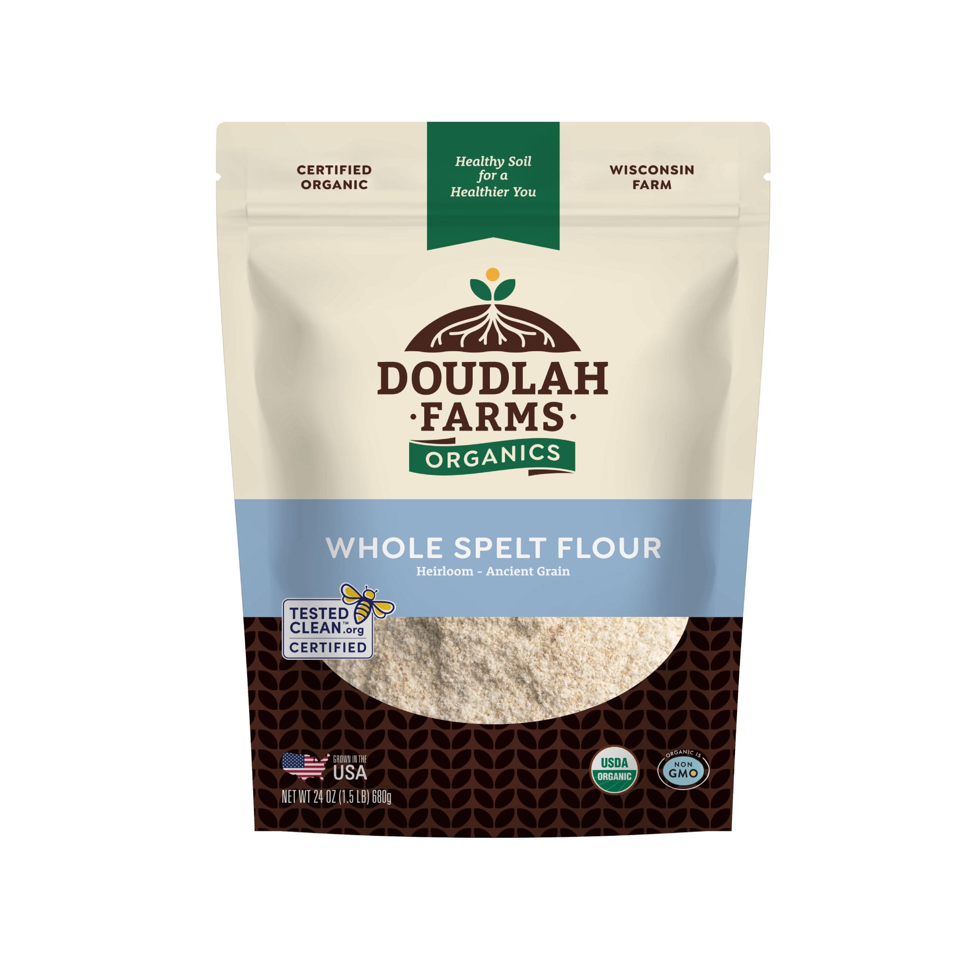 A pouch of Spelt Flour with a clear window displays the flour inside. The packaging, in blue and beige, showcases certifications such as USDA Organic and Non-GMO.
