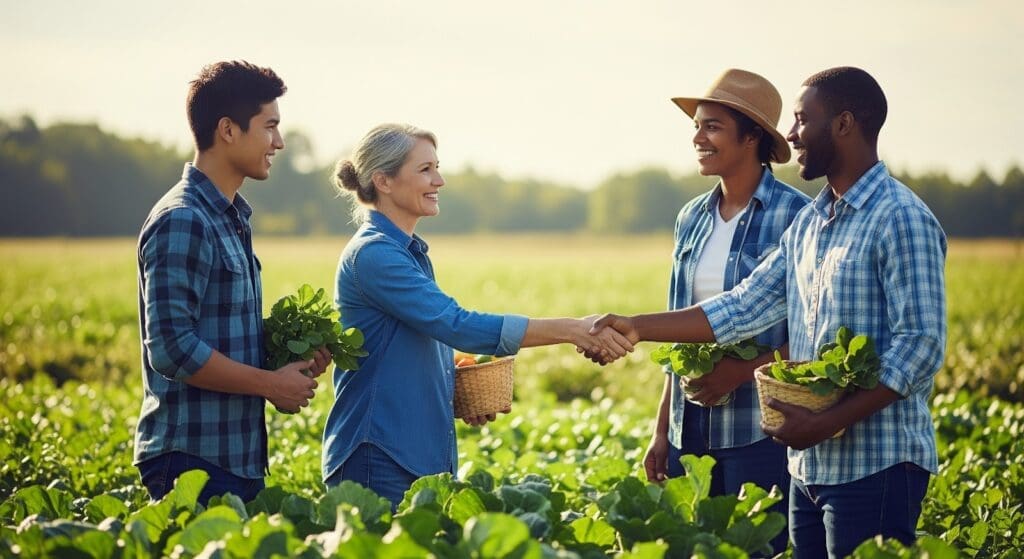 Four people stand in a green vegetable field, smiling. As two shake hands and two hold baskets of fresh produce, they embody the spirit of Community Supported Agriculture (CSA) and the rewards of supporting the local food system.