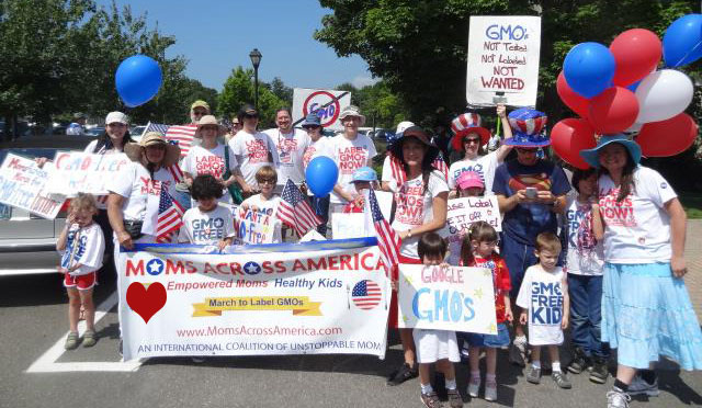 A group of adults and children march outdoors with balloons, American flags, and signs supporting GMO labeling to promote organic food families nationwide. They wear shirts reading Label GMOs Now! and stand behind a Moms Across America banner.