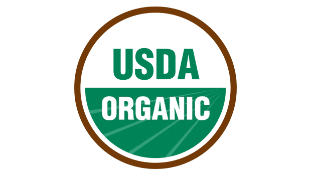 Circular USDA Organic logo with a brown border. The upper half contains USDA in green letters, and the lower half says ORGANIC in bold white letters over a green background with stylized crop lines.