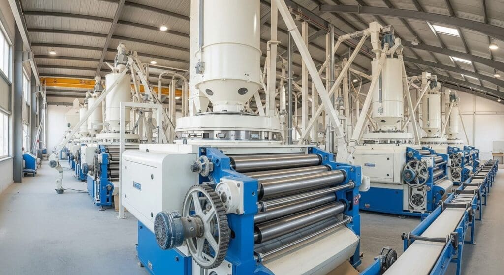 Large industrial machines with metal rollers and white pipes are arranged in rows inside a spacious factory with a high ceiling and bright lighting. The equipment appears to be used for food processing or milling.