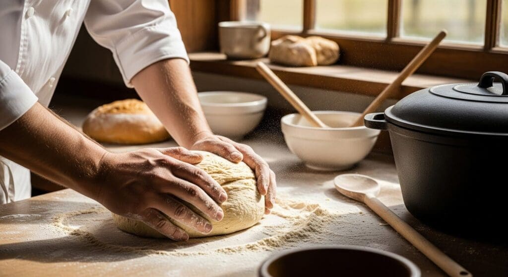 A person kneads dough on a floured wooden surface near a window, surrounded by bowls, a loaf of bread, a wooden spoon, and a black pot. Sunlight streams in, creating a warm, inviting baking scene.