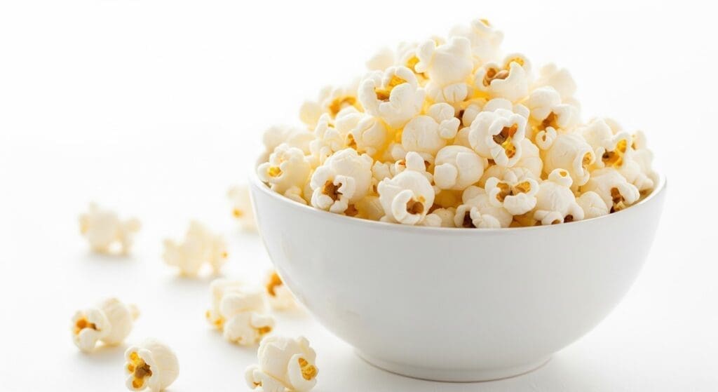 A white bowl filled with freshly popped popcorn sits on a white surface, with a few popcorn kernels scattered around the bowl. The background is bright and minimalistic.