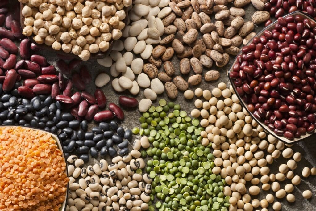 An assortment of various dried beans, lentils, and legumes arranged in separate piles on a flat surface, showcasing different shapes, sizes, and colors including red, green, yellow, black, and beige.