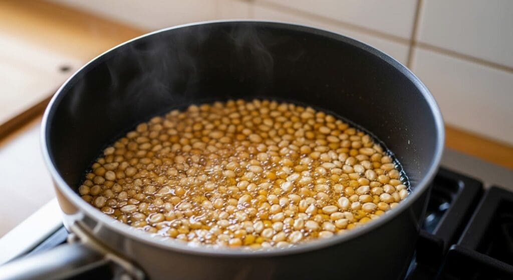 A saucepan filled with beans simmering in water on a stovetop, with steam rising from the surface.