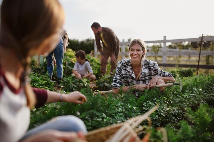 A group of people, including a smiling woman in the foreground, work together harvesting vegetables in a lush garden on a sunny day.