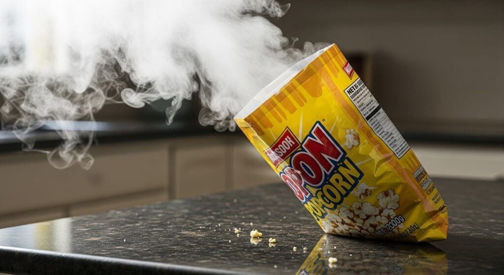 A steaming hot, yellow microwave popcorn bag sits open on a kitchen counter, with steam rising out and a few popcorn crumbs scattered nearby.