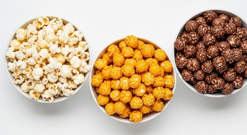 Three bowls of popcorn on a white background: plain popcorn on the left, caramel-coated popcorn in the center, and chocolate-coated popcorn on the right.