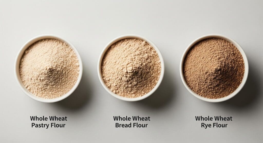 Three white bowls filled with different types of flour—whole wheat pastry flour, whole wheat bread flour, and whole wheat rye flour—are arranged in a row on a light surface with text labels below each bowl.