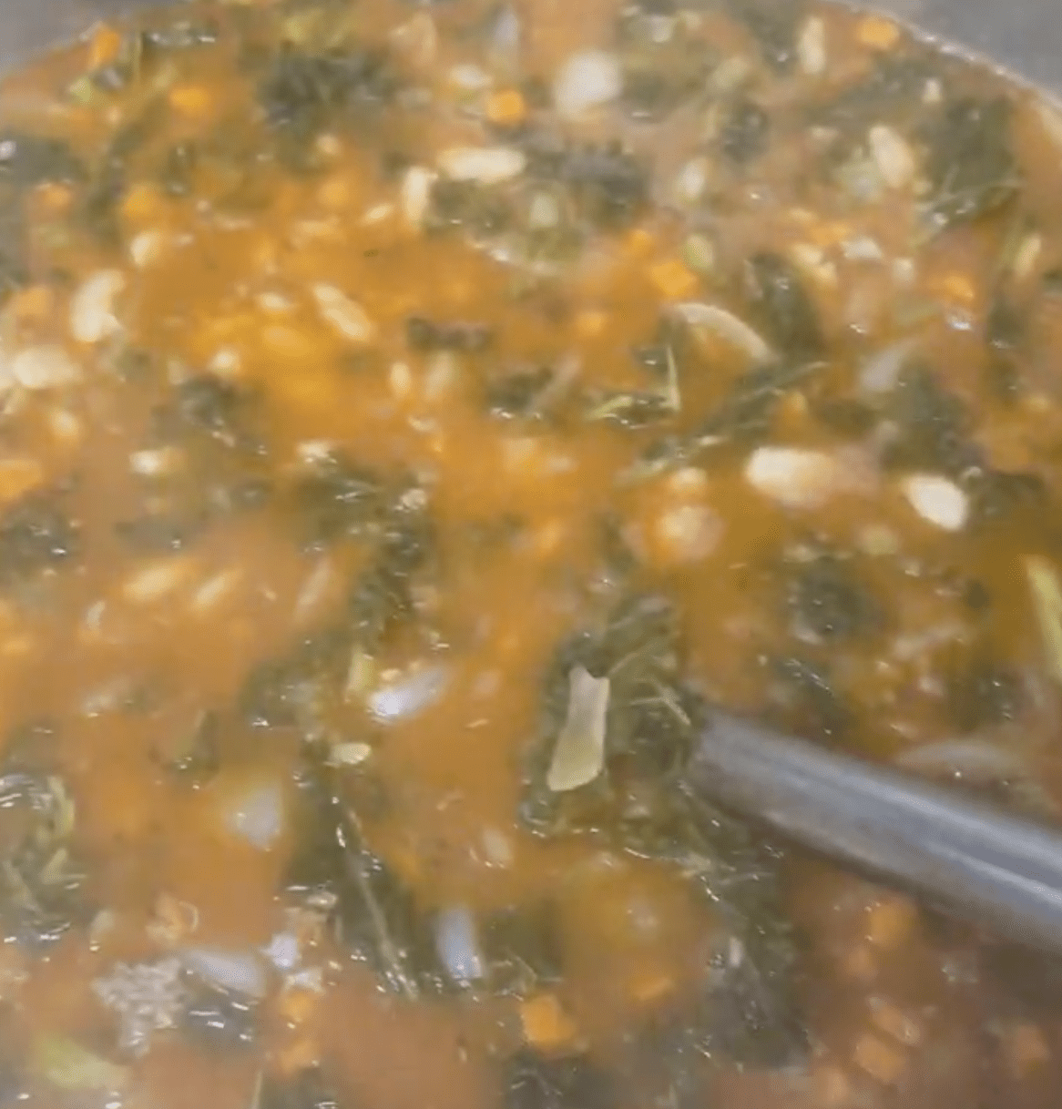 A close-up of a pot filled with vegetable soup featuring leafy greens, white beans, diced carrots, onions, and a tomato-based broth. A metal ladle is partially visible, stirring the ingredients.