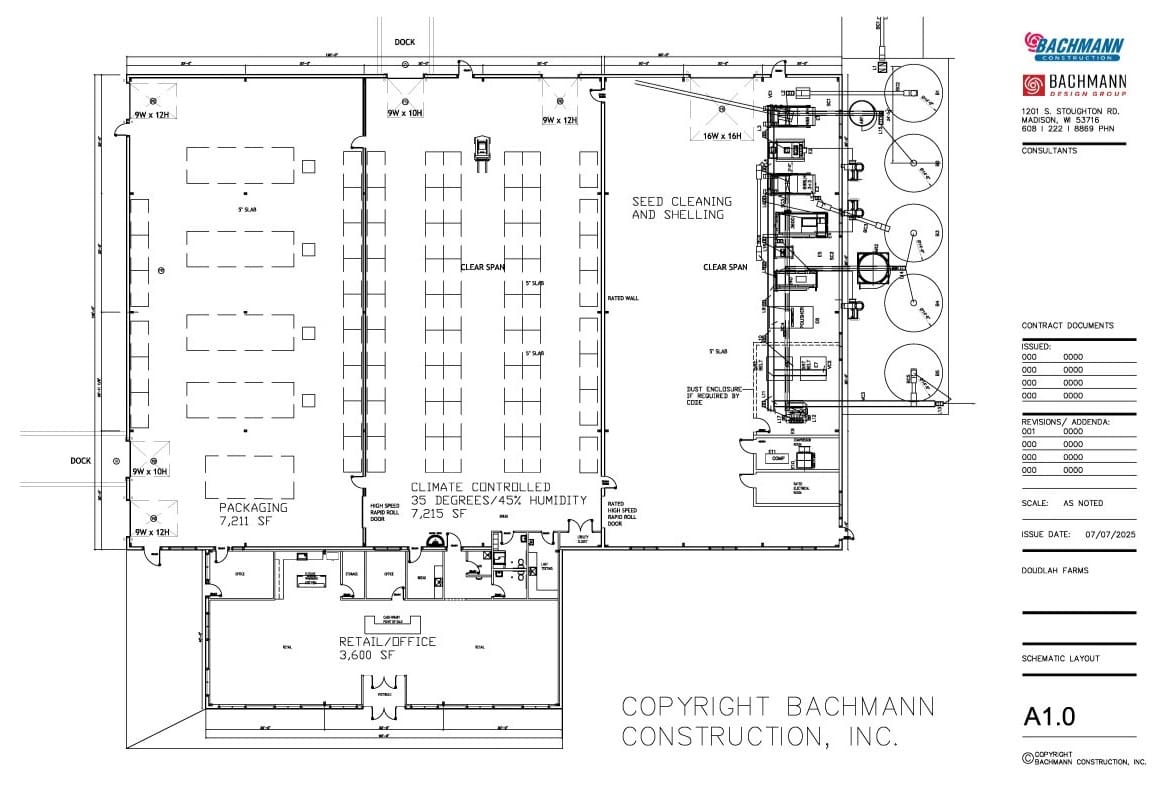 Architectural floor plan for Bachmann Construction, designed to support an organic food system. Features labeled climate-controlled space, seed cleaning and shelling, packaging, retail/office, equipment rooms with doors and measurements.