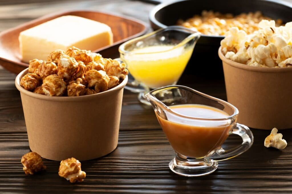 Caramel popcorn and plain gluten free popcorn in brown paper cups, a glass pitcher of caramel sauce, a dish of melted butter, and a block of butter on a wooden table, with some popcorn scattered around.