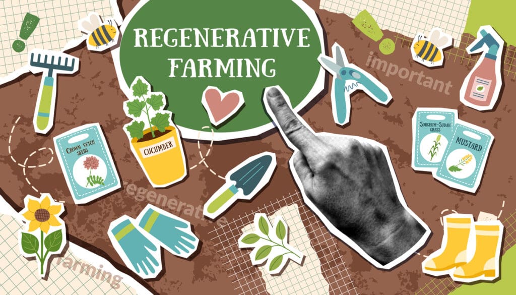 A colorful collage-style image featuring gardening tools, seeds, plants, gloves, boots, bees, and a pointing hand, with “Regenerative Farming” in large text on a green oval—celebrating farming practices for healthier soil.