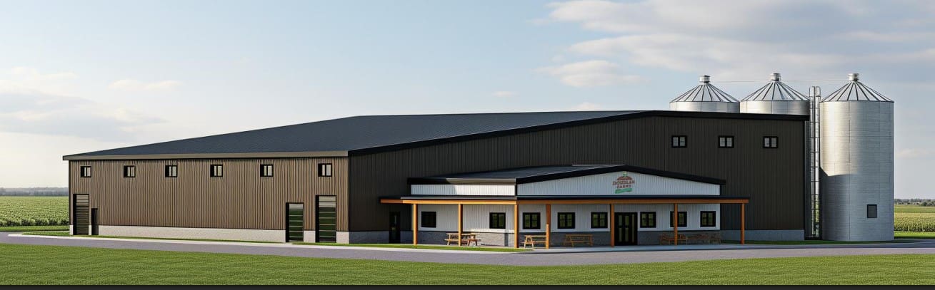 A large, modern farm building with a black roof, brown and black walls, two silos, and a small front porch with benches stands in a rural landscape under a partly cloudy sky—highlighting its role in the organic food system.