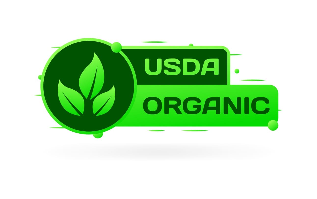 A green USDA Organic badge with two leaves inside a circle on the left and the words USDA ORGANIC in bold green text on the right, symbolizing organic certification.