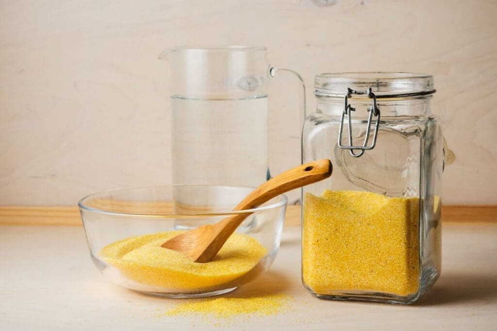 A glass jar of yellow cornmeal with a hinged lid sits next to a glass bowl of cornmeal with a wooden spoon inside. Behind them is a clear glass pitcher of water, all on a light wooden surface.
