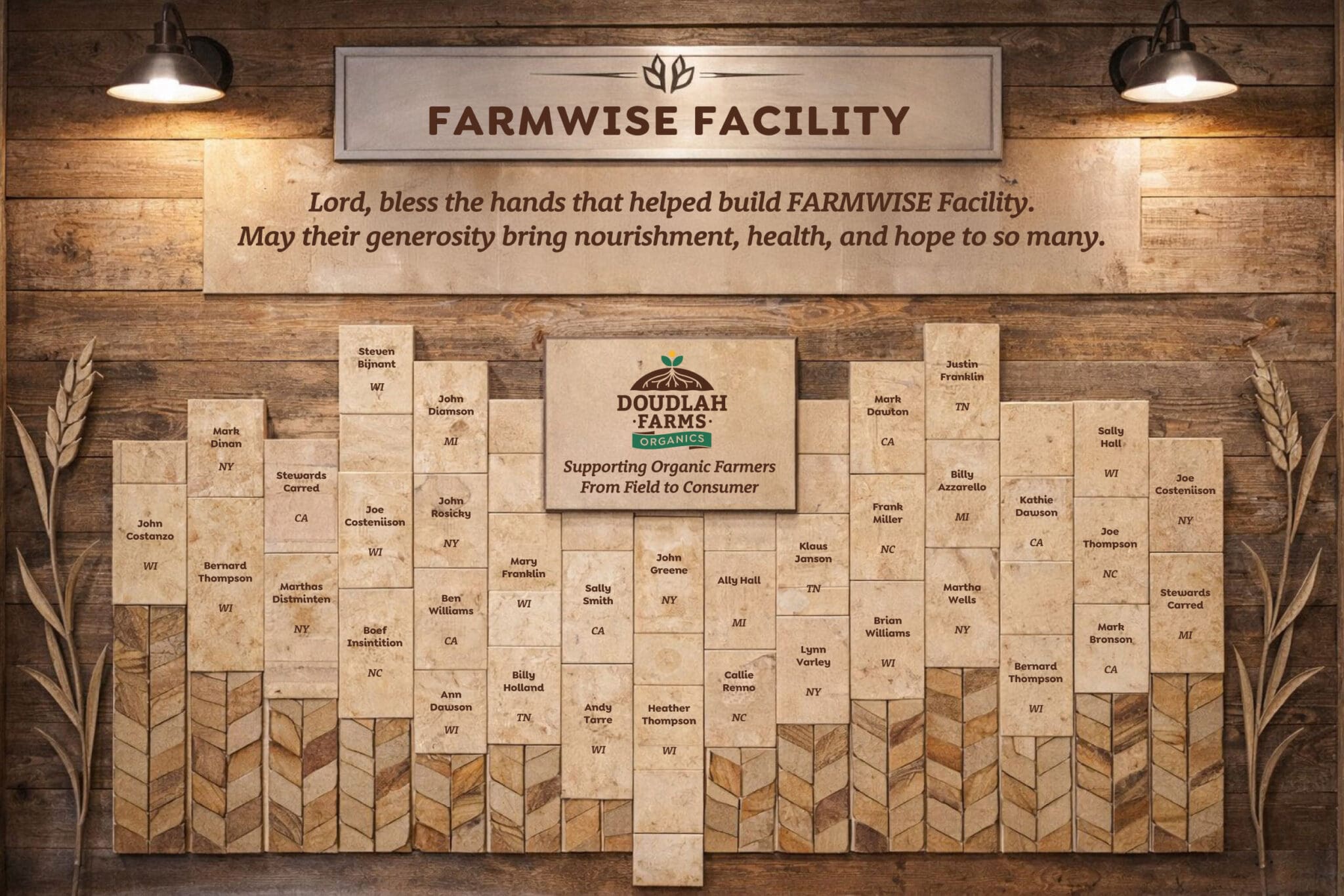 A wooden plaque at FARMWISE Facility displays donor names and locations, wheat motifs, and a central sign reading “Doudlah Farms—Supporting Organic Farmers from Field to Consumer”—celebrating their Organic Impact above.
