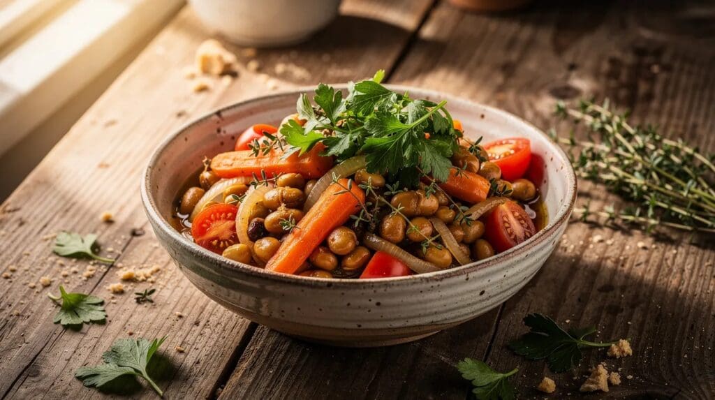 A ceramic bowl filled with chickpeas, carrot sticks, cherry tomato halves, and fresh parsley sits on a rustic wooden table with sunlight streaming in. Sprigs of herbs and crumbs are scattered around the bowl.