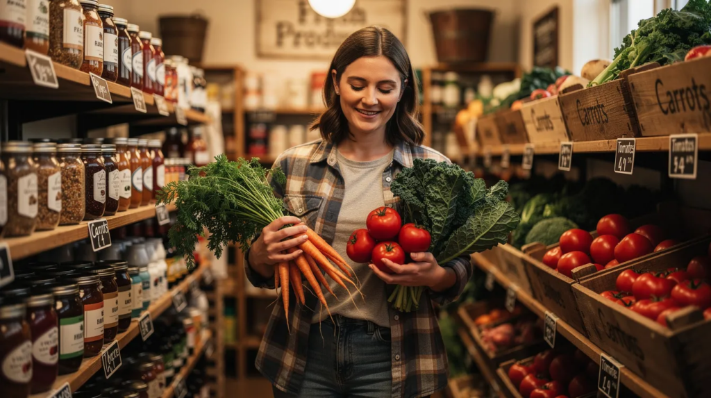 A woman in a plaid shirt smiles while shopping in a grocery store, holding fresh carrots, tomatoes, and leafy greens. Wooden shelves around her are filled with vegetables and jars of food.